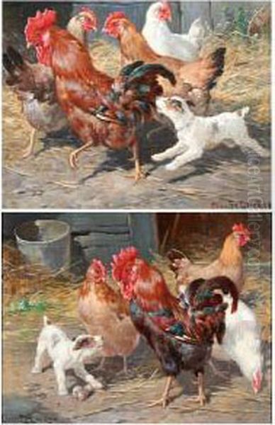 Chickens And Puppies In A Farmyard Oil Painting by Claude Cardon