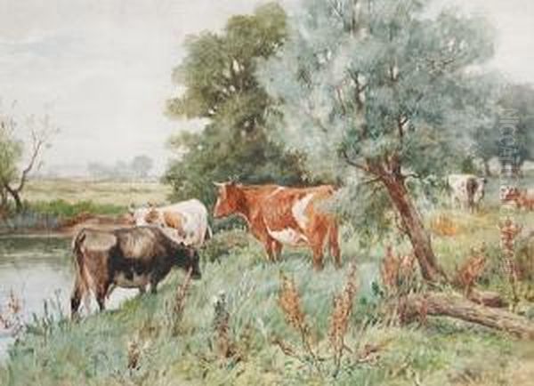 Cattle Grazing By A Riverbank Oil Painting by Claude Cardon