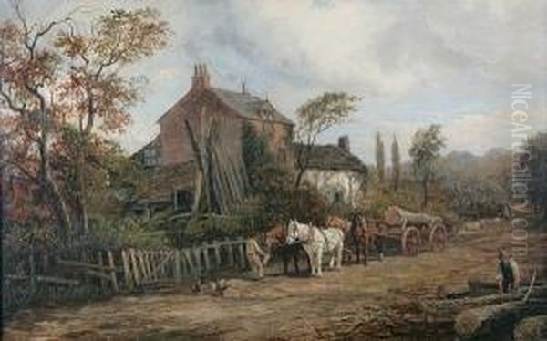 Figures And Horse And Cart Pulling Logs, Cottage In Background Oil Painting by Claude Cardon