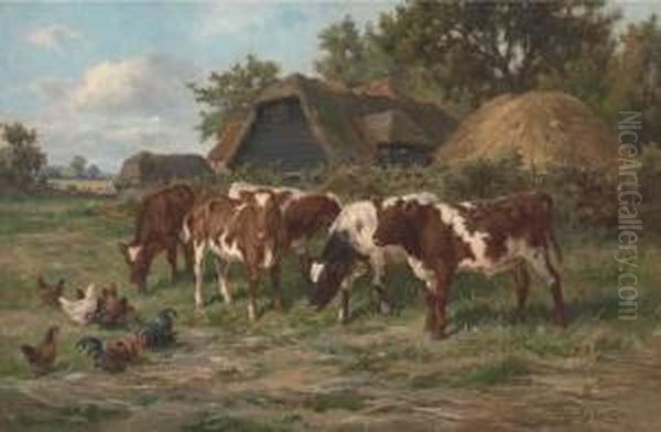 Calves And Poultry By A Farm Oil Painting by Claude Cardon