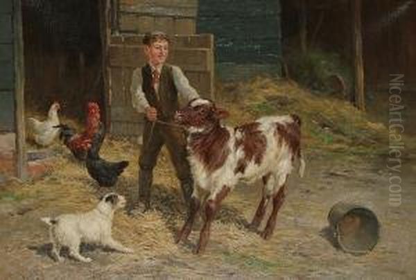 A Farmyard, With A Young Boy, His Dog And A Calf In The Foreground Oil Painting by Claude Cardon