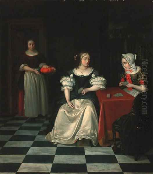 A lady and her chaperone playing cards in an interior Oil Painting by Gerard Ter Borch