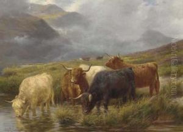 Highland Cattle Watering Oil Painting by Claude Cardon