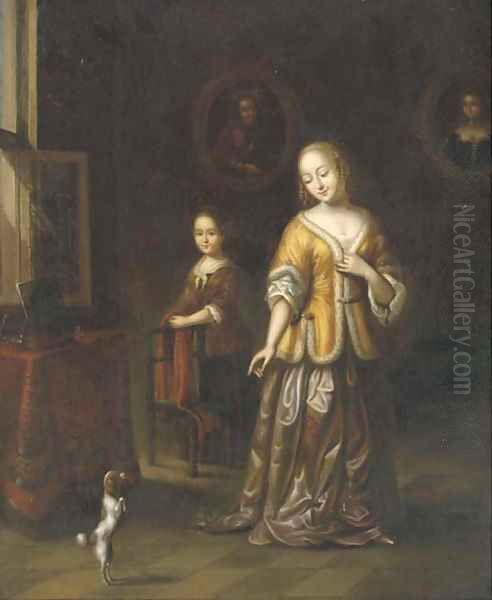 A lady in an elegant interior with a dog and a maid Oil Painting by Gerard Ter Borch