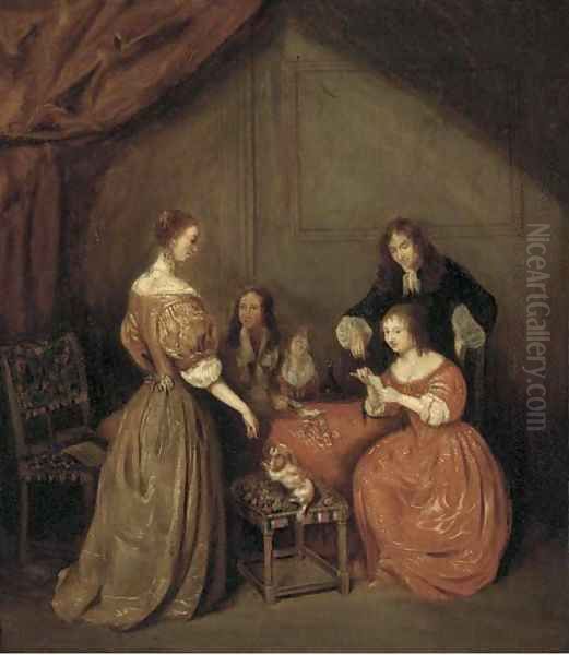 Elegant company playing cards in an interior Oil Painting by Gerard Ter Borch