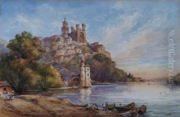 A Continental Church And Village On Top Of A Hill Beside A River Oil Painting by Conrad H.R. Carelli