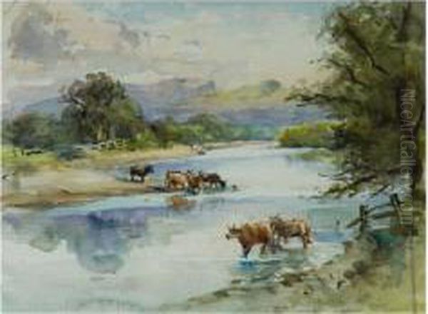 Cattle By A River Oil Painting by Conrad H.R. Carelli