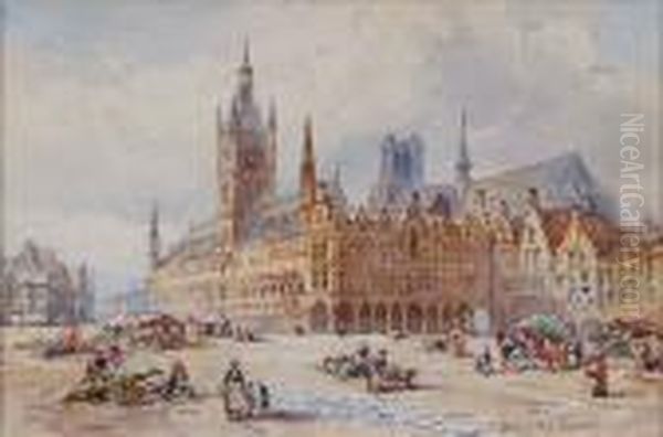 Grand Place, Cloth Hall And Cathedral, Ypres Oil Painting by Conrad H.R. Carelli