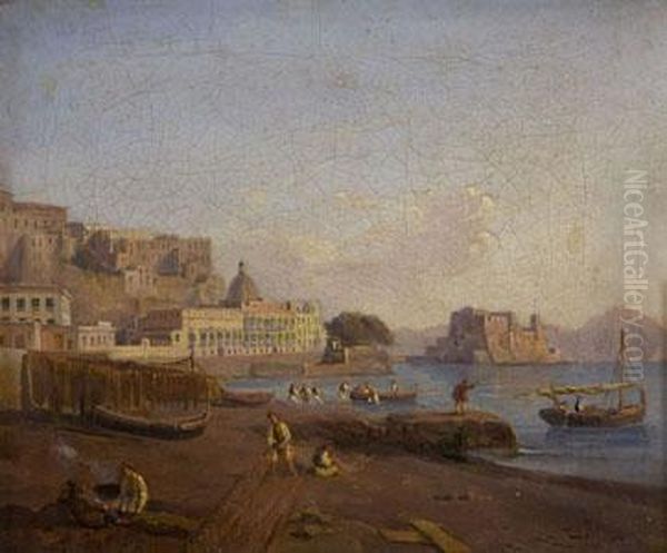 Veduta Di Napoli Con Castel Dell'ovo Oil Painting by Raffaele Carelli