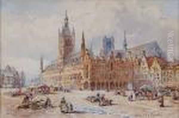 Grand Place, Cloth Hall And Cathedral, Ypres Oil Painting by Raffaele Carelli