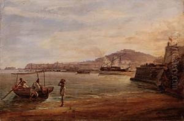 Napoli, Dal Forte Di Vigliena - 1830 Ca. Oil Painting by Raffaele Carelli