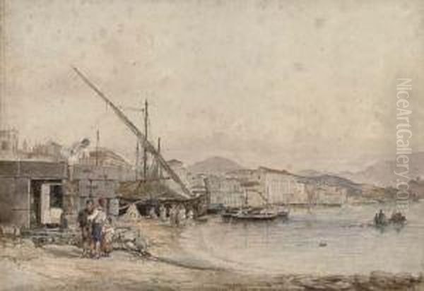 Fisherfolk On The Shore, Salerno Oil Painting by Raffaele Carelli