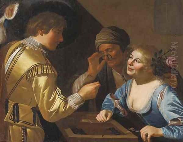 A young gallant and a courtesan playing tric-trac watched by a procuress Oil Painting by Jan Van Bijlert