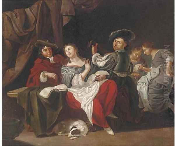 Elegant company making music in an interior Oil Painting by Jan Van Bijlert