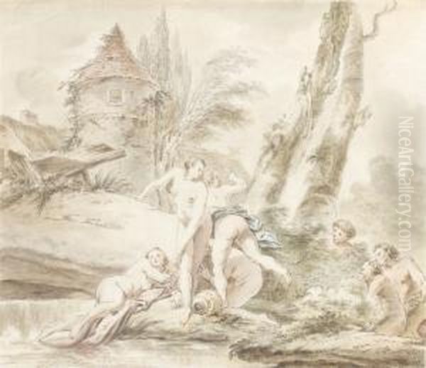 Un Paysage Avec Trois Nymphes Au Bain, Surprises Par Trois Satyres. Oil Painting by Jacques Philippe Caresme