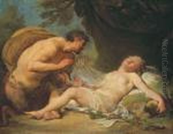 Un Satyre Devoilant Une Bacchante Endormie En Presence Decupidon Oil Painting by Jacques Philippe Caresme