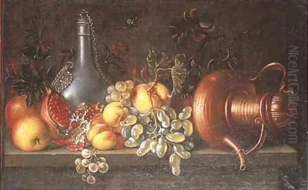 An upturned copper teapot, a pewter flagon and fruit on a ledge Oil Painting by Johannes Bouman