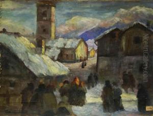 Scorcio Di Paese Innevato Oil Painting by Vittore Antonio Cargnel