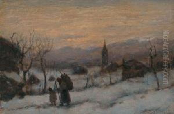 The Brushwood Gatherer In Winter Oil Painting by Vittore Antonio Cargnel