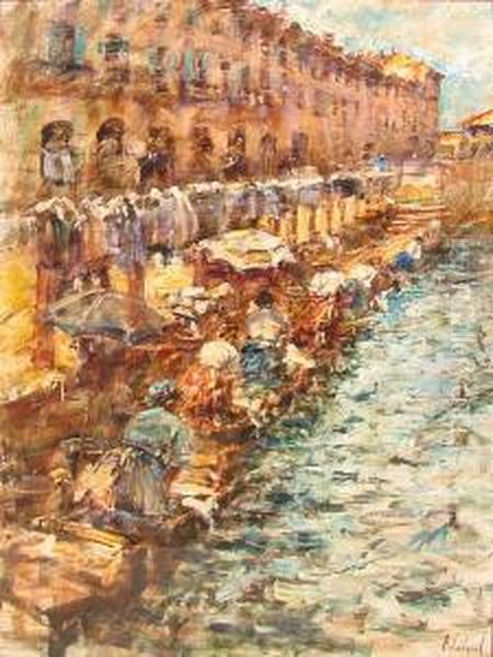 Lavandaie Sul Naviglio Oil Painting by Vittore Antonio Cargnel