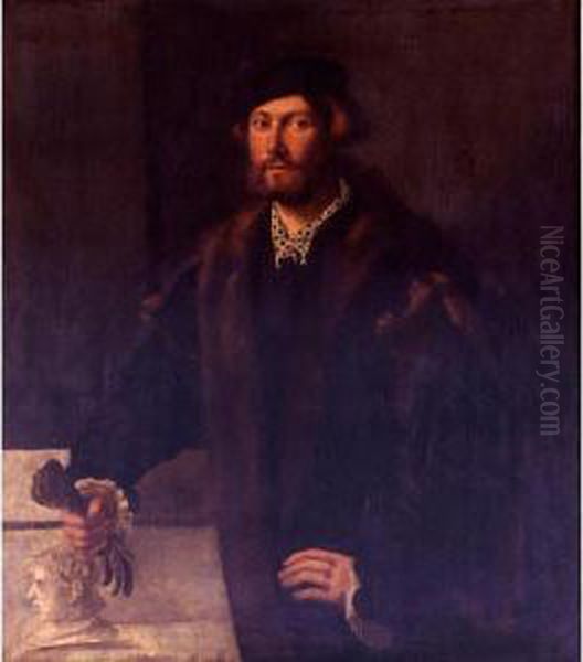 Portrait Of A Man Holding A Glove In His Right Hand Oil Painting by Giovanni De' Busi Cariani