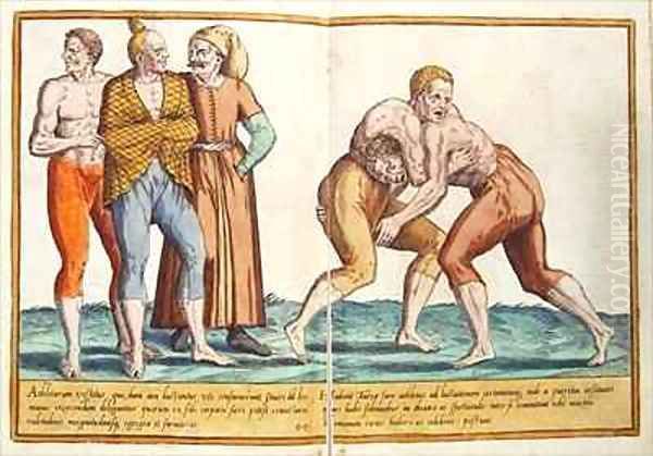 Turks wrestling, sixteenth century costumes from 'Omnium Poene Gentium Imagines' Oil Painting by Abraham de Bruyn