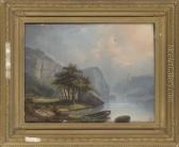 A Lakeside Liasion Oil Painting by Joseph Kuwasseg Carl