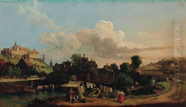 A Town In A River Valley Oil Painting by Joseph Kuwasseg Carl