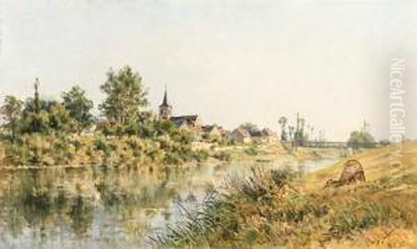 A French River Landscape Oil Painting by Maria Cornilleau Raoul Carl-Rosa