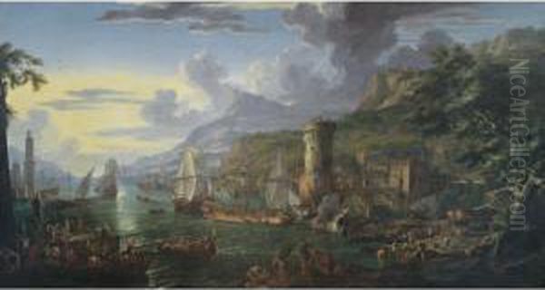 A Mediterranean Port At Sunset 
With Moored Battleships, Figures Unloading Their Wares From Various 
Boats And Bathers On A Bank Oil Painting by Luca Carlevarijs