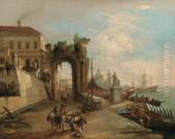 Porto Di Mare Con Monumento, Porta Urbana Palazzo E Carovana Di Mercanti Oil Painting by Luca Carlevarijs