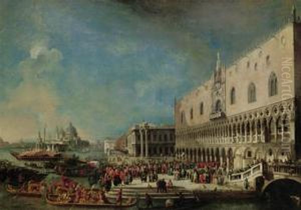 The Grand Canal, Venice, With 
The Reception Of The French Ambassador Into The Ducal Palace Oil Painting by Luca Carlevarijs