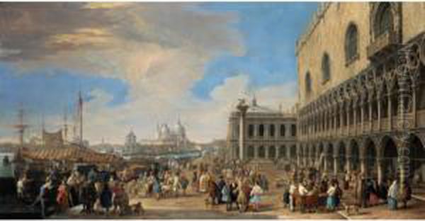 Venice, A View Of The Molo With 
The Doge's Palace Looking West Towards The Zecca And The Church Of Santa
 Maria Della Salute In The Distance Oil Painting by Luca Carlevarijs