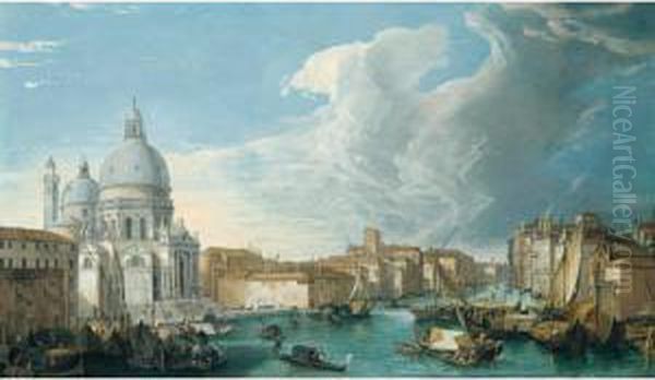 Venice, A View Of The Grand Canal With The Church Of Santa Maria Della Salute Oil Painting by Luca Carlevarijs