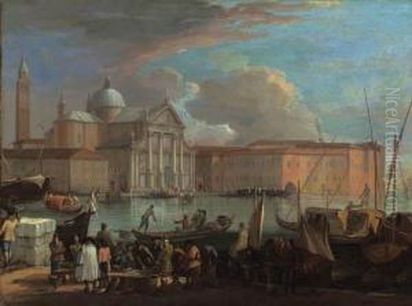 San Giorgio Maggiore, Venice, With A Fish Market Oil Painting by Luca Carlevarijs