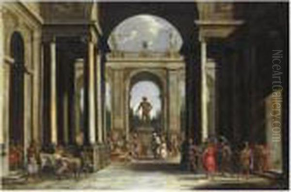 Capriccio Architettonico Con Sacrificio Pagano Oil Painting by Alberto Carlieri