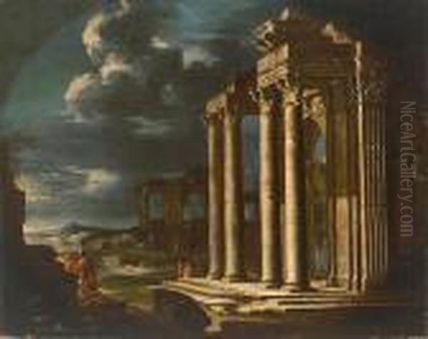 An Architectural Capriccio With Two Figures In The Foreground Oil Painting by Alberto Carlieri