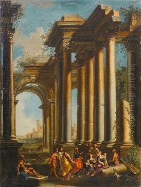 A Capriccio Of Ruins With A 
Philosopher Preaching To A Crowd Beneath A Ruined Temple; And A 
Philosopher Preaching At The Foot Of A Triumphal Arch Oil Painting by Alberto Carlieri