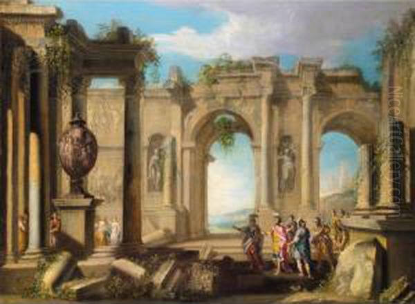 An Architectural Capriccio With Figures In Classical Dress Amongst Ruins Oil Painting by Alberto Carlieri