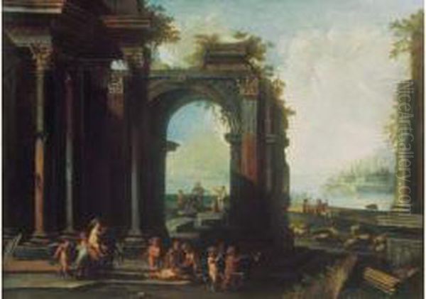 Le Cortege Triomphale De Bacchus Enfant Devant Des Ruines Antiques Oil Painting by Alberto Carlieri