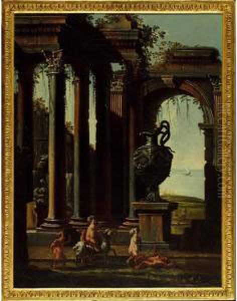 A Capriccio Of Classical Ruins With Putti Riding A Goat In The Foreground Oil Painting by Alberto Carlieri