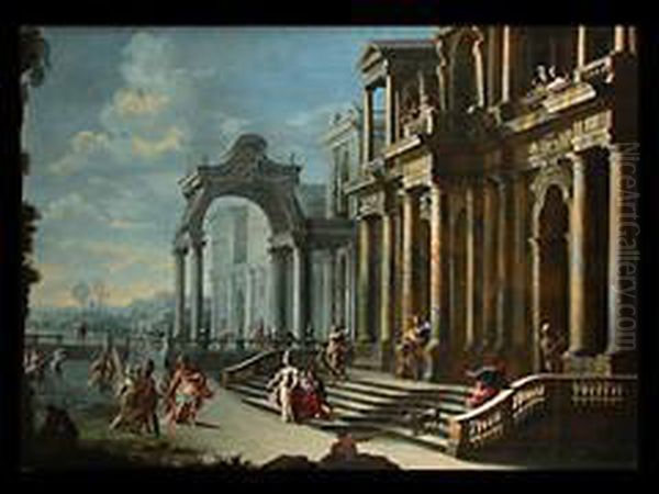 Phantastische Architektur Mit Antikisch- Mythologischerfigurenstaffage Oil Painting by Alberto Carlieri