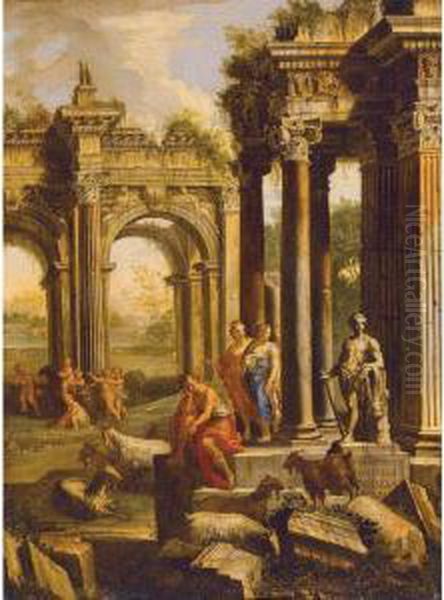 Capriccio Of A Ruined Corinthian Temple With Figures, A Landscape Beyond Oil Painting by Alberto Carlieri