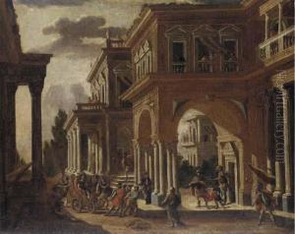 An Imaginary Palace With A Queen In A Chariot Being Presented To Aking Oil Painting by Alberto Carlieri