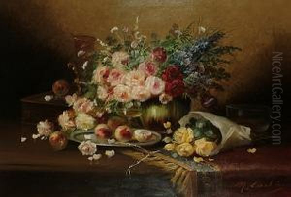 An Impressive Still Life Of Flowers And Peaches On A Table Oil Painting by John Carlin