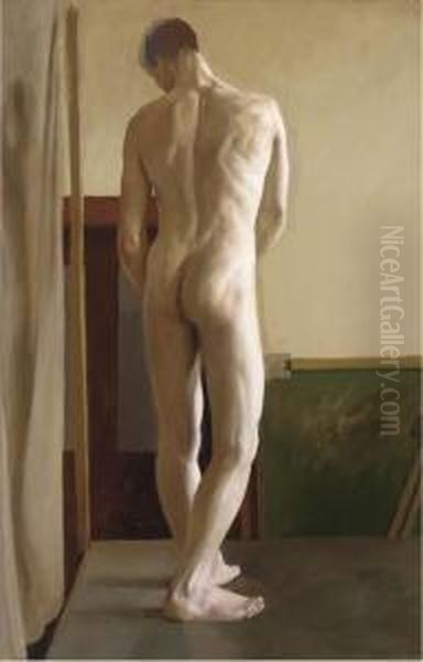 Standing Male Nude, Back View Oil Painting by Hilda Carline