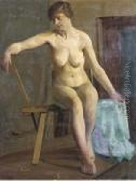 Seated Female Nude In A Studio; 
Standing Male Nude; Seated Male Nude; Fantasy; Tree Study; And Figures 
In A Landscape Oil Painting by Hilda Carline