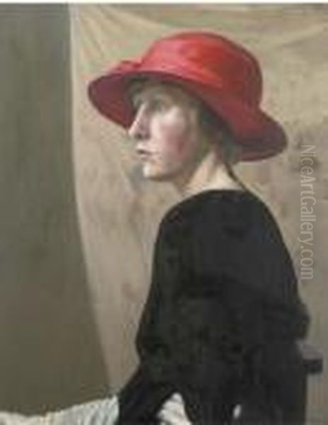 Woman In A Red Hat Oil Painting by Hilda Carline