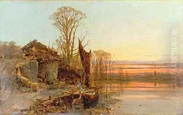 Landscape with a Ruined Cottage at Sunset Oil Painting by Charles Brooke Branwhite