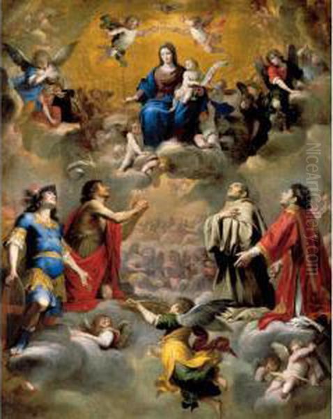 The Virgin And Child In Glory With Saints George, John The Baptist, Bernard And Lawrence Oil Painting by Giovanni Battista Carlone